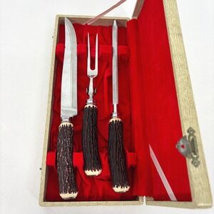 Vintage Debonaire 3pc Carving Set Faux Stag Horn Handles Stainless Steel Red Box